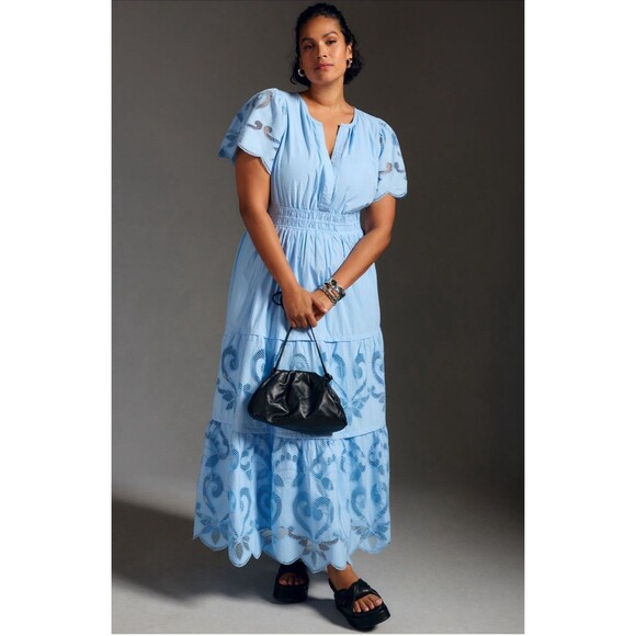 Anthropologie Somerset Maxi Dress XL Blue Cutwork Flutter Sleeve Lined Smocked - Picture 1 of 8